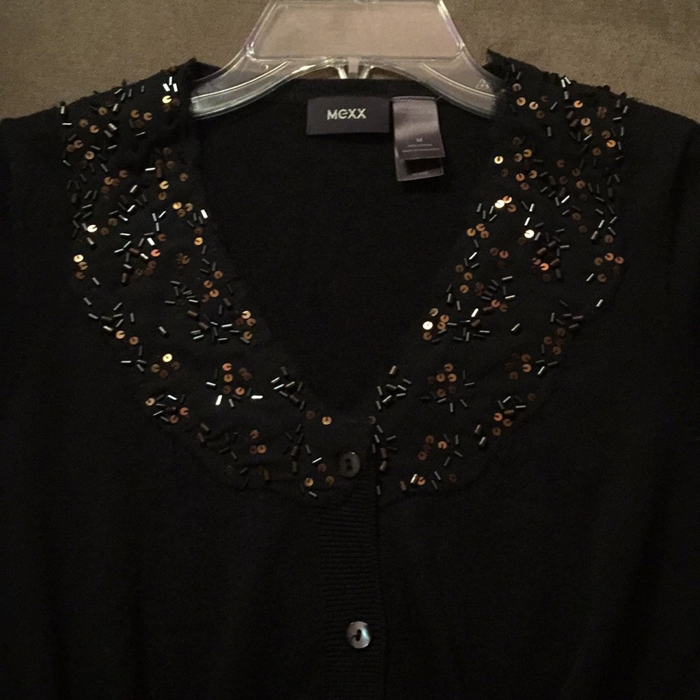 Elegant black cardigan w/ sequence on collar area